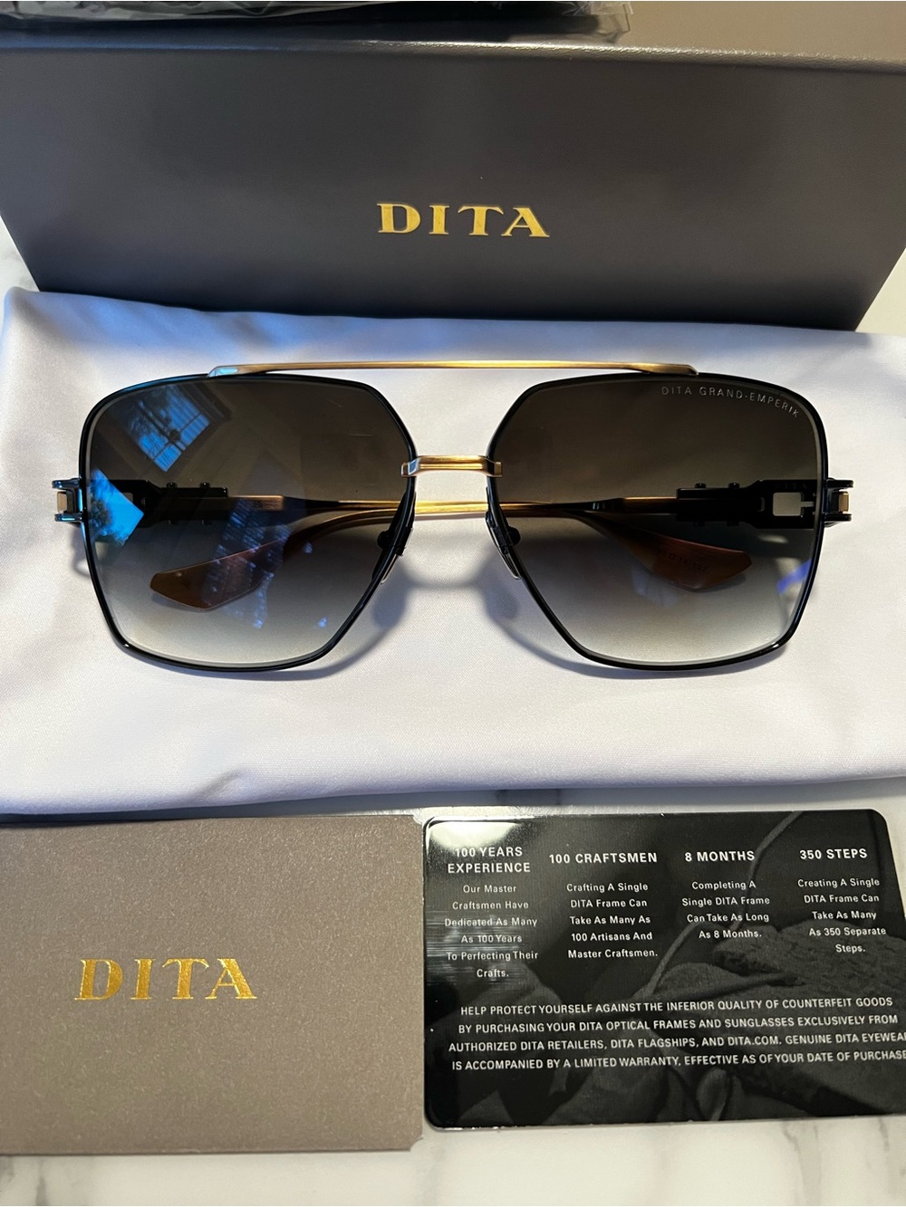 DITA Black & Gold Rectangular Aviator Sunglasses